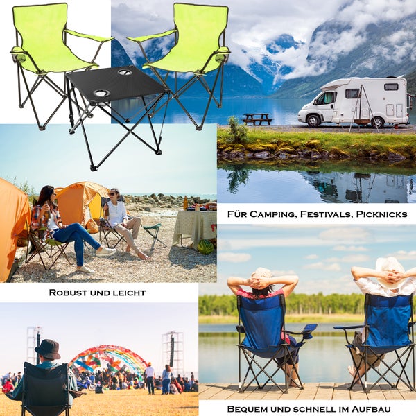 Campingstühle und Campingtisch in verschiedenen Outdoor-Szenen