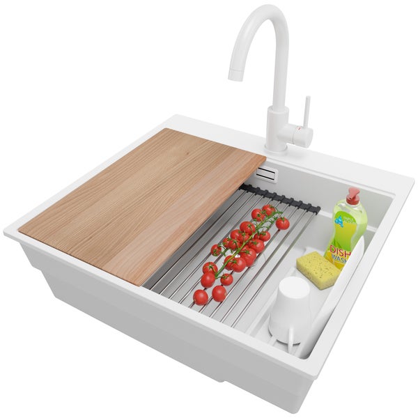 PRIMAGRAN Granitspüle Alles Weiß 58x53cm, Spülbecken 1 Becken + Küchenarmatur 32x20cm + Ablauf-Set + Küchenzubehörset, Küchenspüle ab 60er Unterschrank - Oslo Max