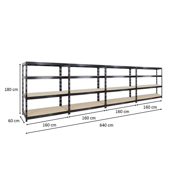 PROREGAL Mega Deal 4x Profi Schwerlastregal Rhino HxBxT 180 x 160 x 60 cm 4 Spanplatten-Ebenen 8mm Fachlast 500 kg Schwarz