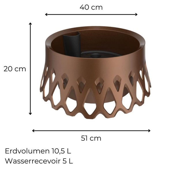 Abmessungen Pflanzgefäß: 40 cm x 20 cm x 51 cm, Erdvolumen 10,5 Liter, Wasserreservoir 5 Liter