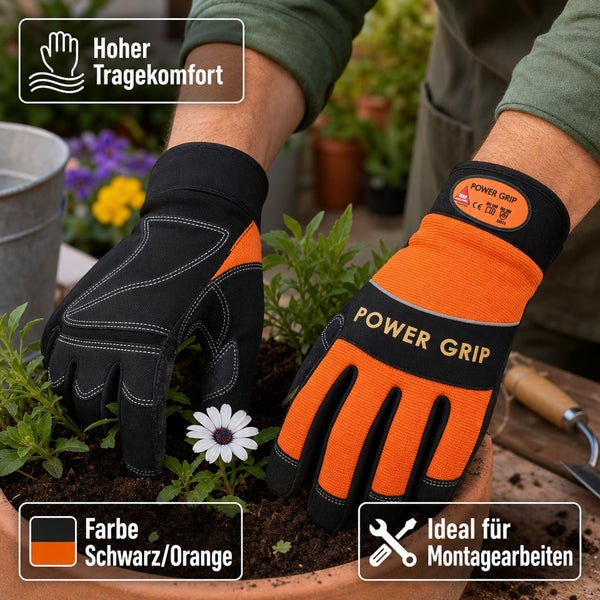 Eine Person trägt Power Grip Arbeitshandschuhe bei der Gartenarbeit. Die Handschuhe bieten hohen Tragekomfort und sind ideal für Montagearbeiten.
