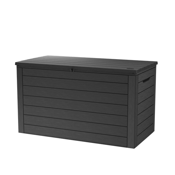 Anthrazitfarbene Gartenbox aus Kunststoff in Holzoptik mit integrierten Griffen.