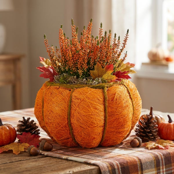 Herbstliche Tischdekoration mit bepflanztem, kürbisförmigem Korb aus Sisal, Heidekraut, Tannenzapfen und Eicheln auf kariertem Stoff.