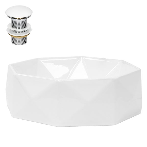 ML-Design Waschbecken Keramik Weiß glänzend Ø 42x13,5 cm inkl. Ablaufgarnitur ohne Überlauf, Diamant Design, Aufsatzwaschbecken Moderne Waschtisch Waschschale Waschplatz Handwaschbecken für Badezimmer