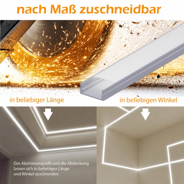 LED Aluminiumprofil mit Abdeckung individuell zuschneidbar für LED Streifen zur Montage an Decken und Wänden in verschiedenen Winkeln