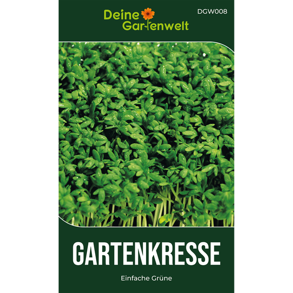 Deine Gartenwelt Logo, Samenpackung für Gartenkresse Einfache Grüne mit einer Nahaufnahme von grünen Kressesprossen.