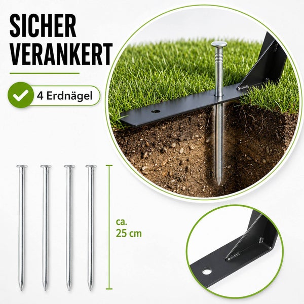 Set mit vier Erdnägeln zur sicheren Verankerung von Metallprofilen im Boden, Länge circa 25 Zentimeter.