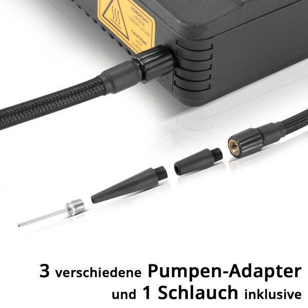 Drei verschiedene Pumpenadapter und ein Schlauch