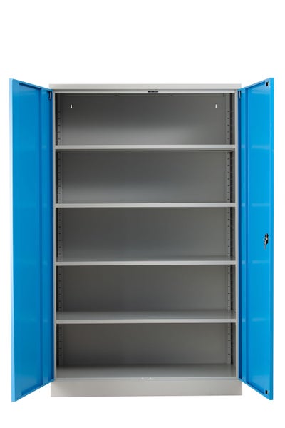 PROREGAL Flügeltürenschrank Ferret 4 Fachböden Verstärkt Eurolock Griff HxBxT 195 x 120 x 50 cm Grau-Lichtblau Lackiert