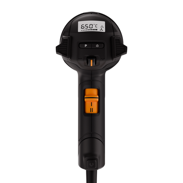 Heißluftpistole Rückansicht mit LCD-Anzeige für 650 Grad Celsius, Programmtaste und Bedienelementen in Schwarz und Orange.