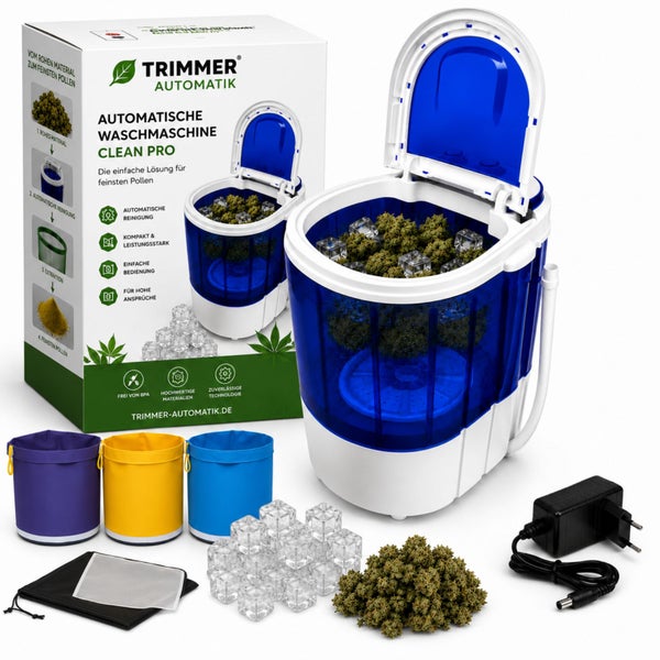 Trimmer Automatik Clean Pro automatische Waschmaschine zur Pollenextraktion mit drei Filterbeuteln, Netzteil, Eiswürfeln und Zubehör.