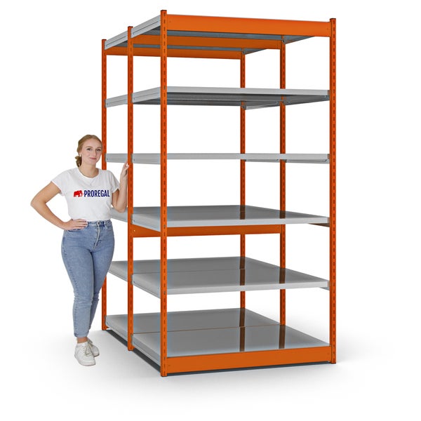 PROREGAL Fachbodenregal Stecksystem Vierkant-Profil Grundregal HxBxT 250 x 132,5 x 80 cm 2x6 Ebenen Doppelseitige Bauart Fachlast 200 kg Orange