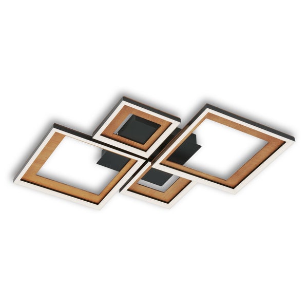 Moderne LED Deckenleuchte mit vier quadratischen Rahmen in Holzoptik und Schwarz