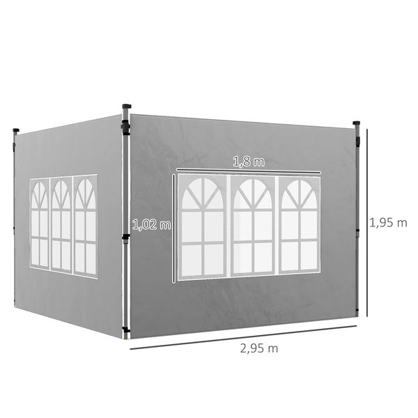 Graue Seitenwand für Pavillon mit Bogenfenstern. Maße: Breite 2,95 Meter, Höhe 1,95 Meter. Fenstermaße: 1,8 Meter mal 1,02 Meter.