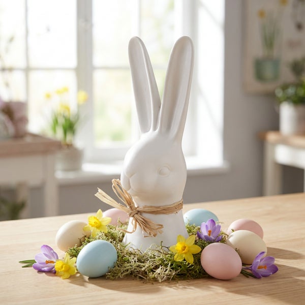 Osterdekoration mit einem keramischen Osterhasen, umgeben von Ostereiern, Frühlingsblumen und Moos auf einem Holztisch.