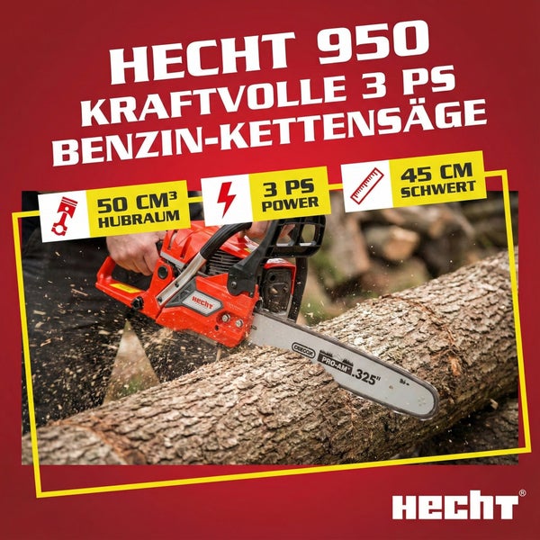 Hecht 950 Benzin Kettensäge mit 45 cm Schwertlänge beim Sägen von Holz