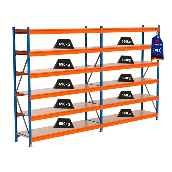 Regal mit mehreren Ebenen und einer Traglast von 690 Kilogramm pro Ebene sowie Made in EU Siegel