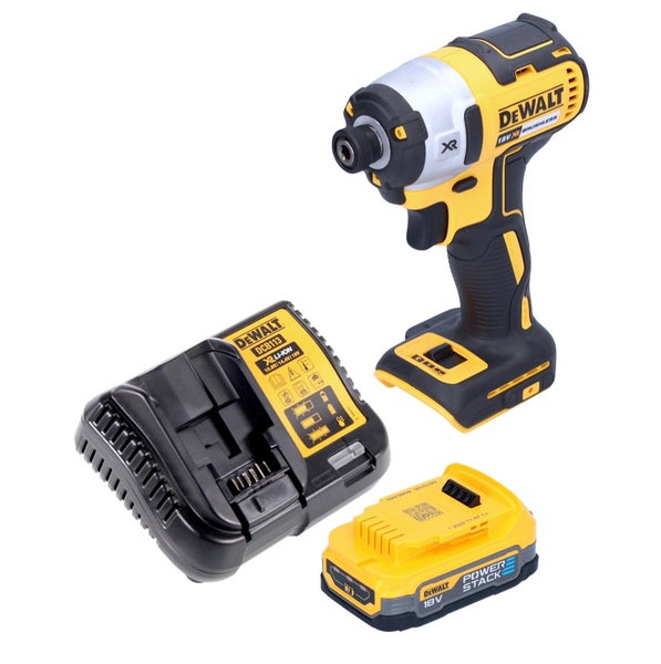 DeWalt Akku-Schlagschrauber mit Ladegerät und Powerstack-Akku, 18 Volt.