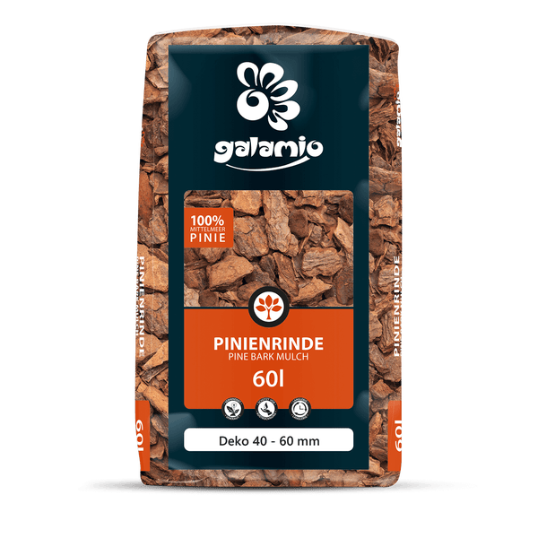 Ein 60 Liter Sack galamio Pinienrinde aus 100 Prozent Mittelmeerpinie mit einer Körnung von 40 bis 60 Millimeter.