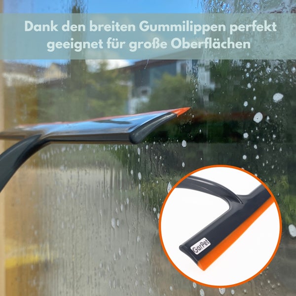 Fensterwischer mit breiter Gummilippe reinigt eine Fensterscheibe mit Wasserflecken. GarPet Logo.