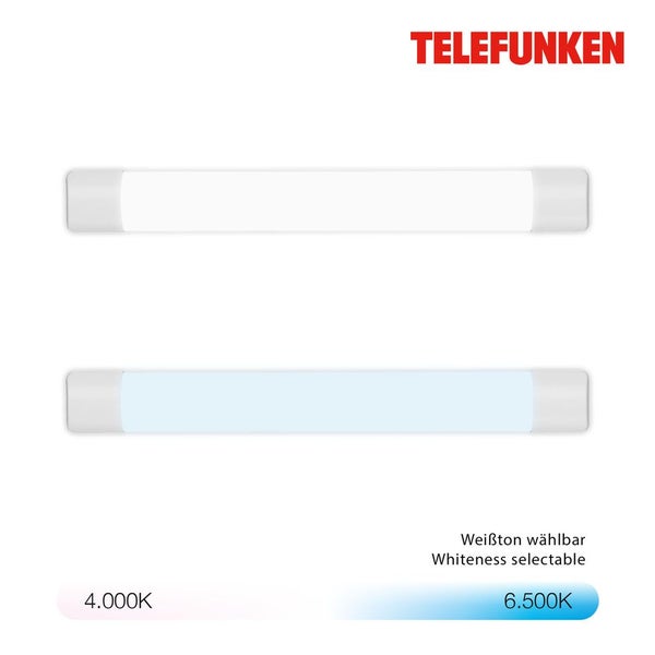 Telefunken LED-Unterbauleuchte mit wählbarer Farbtemperatur von 4000 bis 6500 Kelvin. Telefunken Logo.