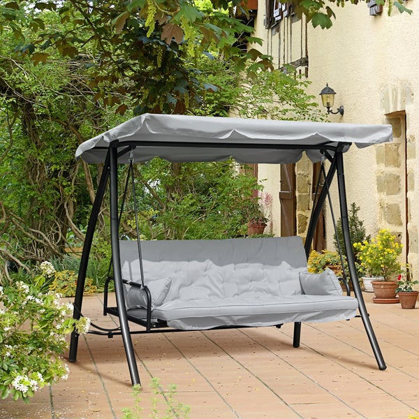 Outsunny Hollywoodschaukel, Gartenschaukel mit Liege-Funktion, 3 Sitzer, 209 x 114 x 170 cm, Metall+Polyester, Grau