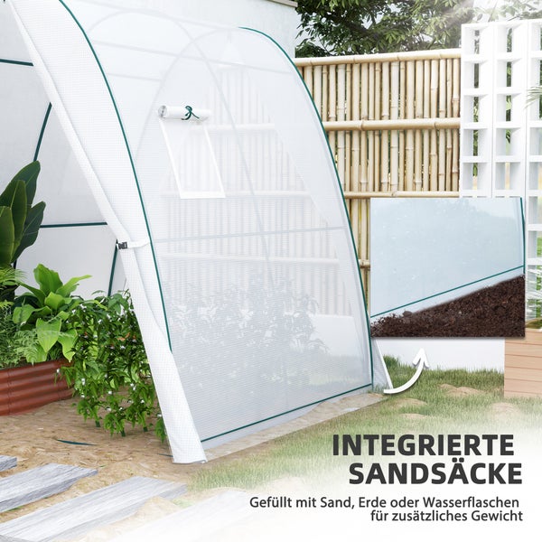 Outsunny Gewächshaus mit Rolltür, 2 Fernster, winterfest Foliengewächshaus aus Stahl, Treibhaus für Balkon, Garten, Tomatenhaus 180 x 180 x 200 cm, Tomatengewächshaus für Tomaten, Gemüse, Blumen, Weiß