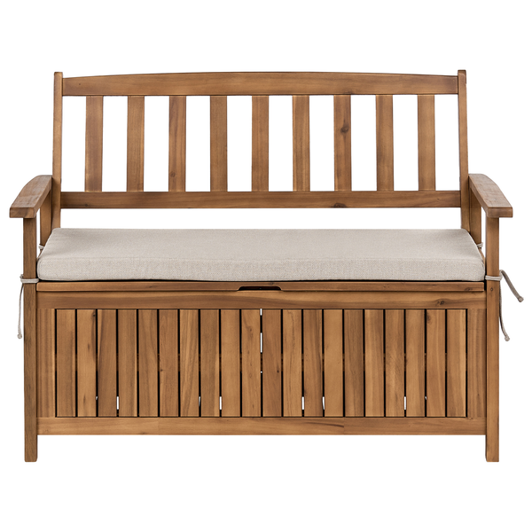 Gartenbank aus Holz mit integrierter Truhe und passendem Sitzkissen.