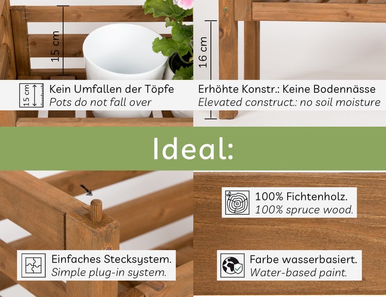 needs&wants® 3-fach multifunktional: Pflanzenständer Blumenständer aus Holz wetterfest für Indoor Outdoor Balkon Garten draußen innen Wand, Pflanzenregal Blumentreppe, z.B. 51 x 23 x 122 cm hoch, braun