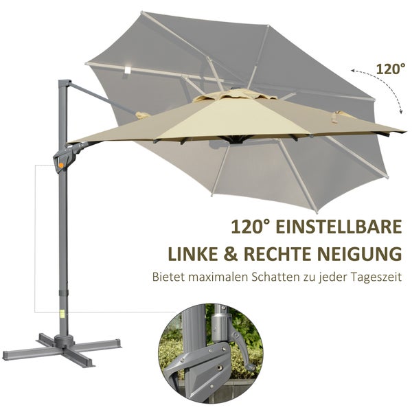 Outsunny Sonnenschirm, mit Kurbelvorrichtung Sonnenschutz, verstellbar, Ø298 cm, Alu, Khaki