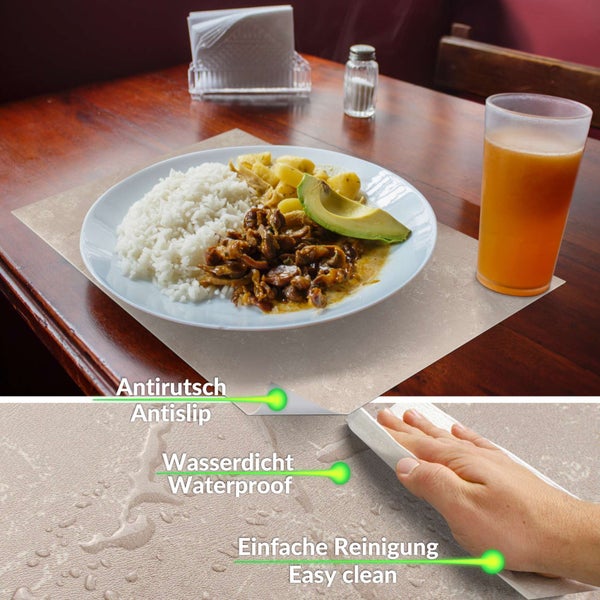 Rutschfestes, wasserdichtes Tischset auf einem Holztisch mit Teller und Glas, Detailansicht der wasserabweisenden Oberfläche und Reinigung.