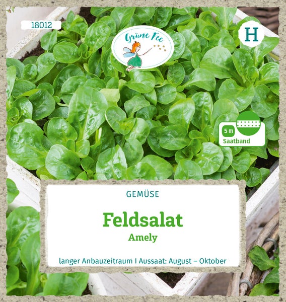 Feldsalat Amely von Grüne Fee, 5 Meter Saatband. Aussaat von August bis Oktober. Grüne Fee Logo und Hornbach Logo.