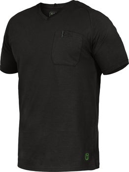Schwarzes T-Shirt mit kurzen Ärmeln, Brusttasche und V-Ausschnitt.