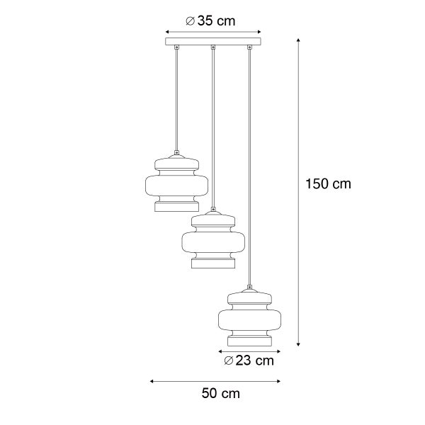 Technische Zeichnung einer Hängeleuchte mit drei Leuchten, 150 cm Länge, 35 cm Durchmesser Deckenbefestigung und 23 cm Durchmesser Lampenschirm