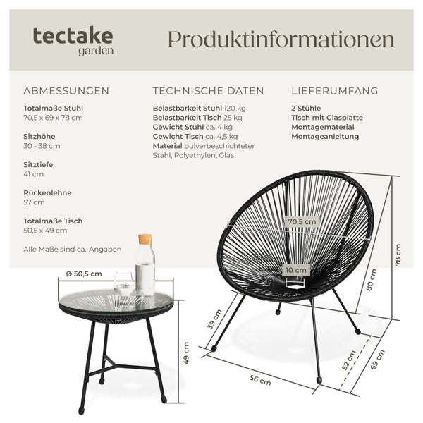 2 Gartenstühle Santana mit Tisch tectake  Belastbarkeit Stuhl 120 kg Retro-Design im Acapulco-Stil schwarz