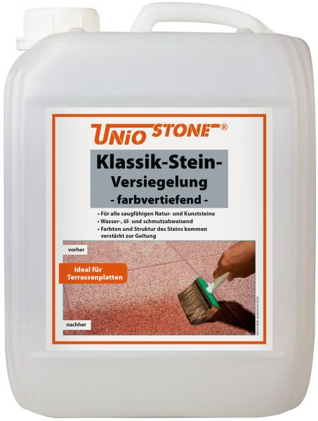 UNIO STONE Klassik-Stein-Versiegelung im Kanister, farbvertiefend, wasser- und schmutzabweisend für Natur- und Kunststeine.