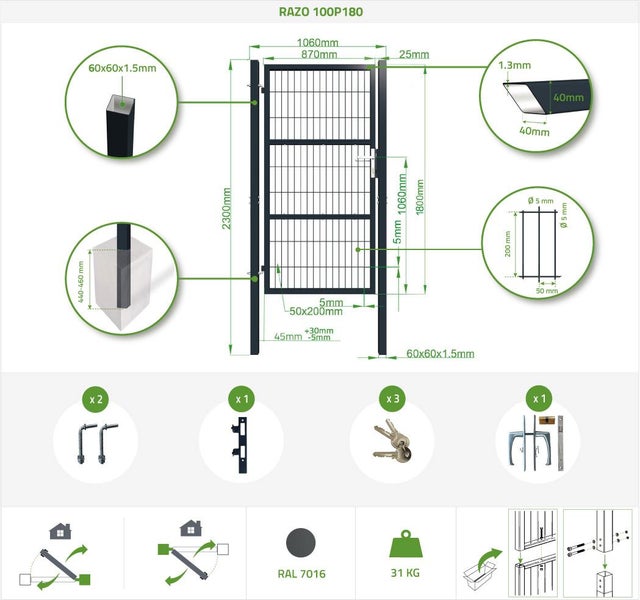 Technische Zeichnung des RAZO 100P180 Tors mit Maßangaben