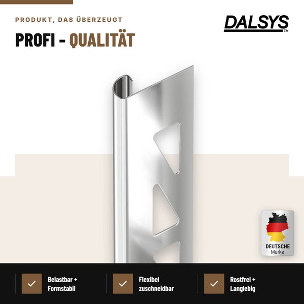 Dalsys Fliesenprofil aus Edelstahl mit Dalsys Logo und Informationen zu Belastbarkeit, Zuschnitt und Rostbeständigkeit.