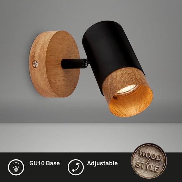 Spotlight, black, with wood, excl. 1xGU10/max.9W