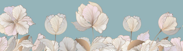 Vliestapete mit stilisierten Blumen in Goldoptik, florales Wandbild in Linienkunst.