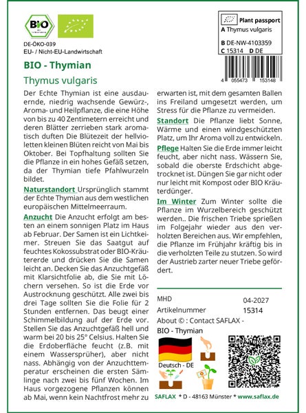 SAFLAX Garden in the bag - BIO - Thymian - Thymus vulgaris - 800 Samen - Mit Anzuchtsubstrat im praktischen, selbst aufstellenden Beutel