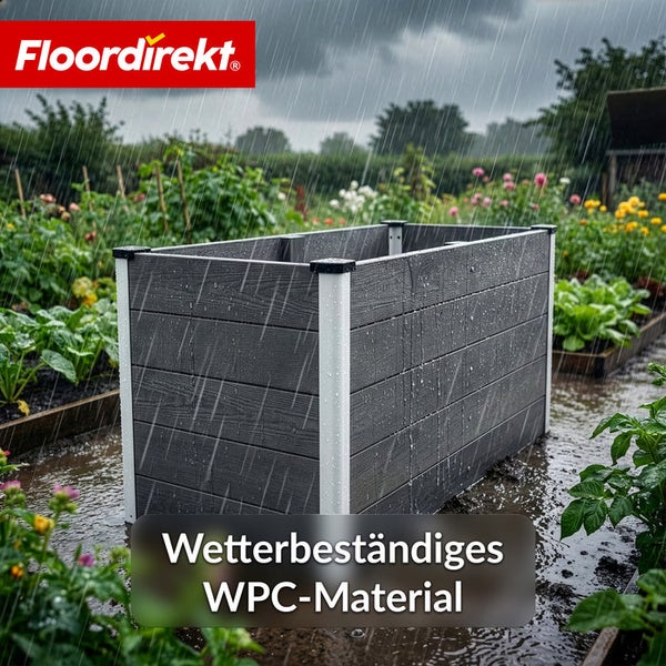 Hochbeet aus wetterbeständigem WPC-Material im Garten unter Regen