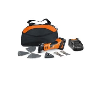 Akku Multitool Set mit Aufsätzen, Schleifpapier und Ladegerät in einer Aufbewahrungstasche