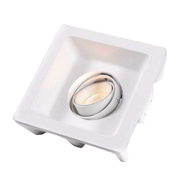 Quadratischer Einbaustrahler aus weißem Gips mit schwenkbarem Leuchtmittel.