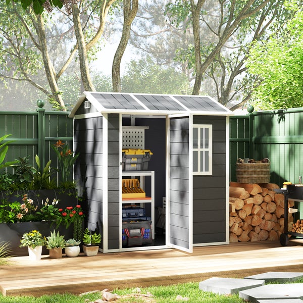 Outsunny Gerätehaus Kunststoff 2,1m² 186 x 130 x 199cm Geräteschuppen mit Satteldach Boden Fenster Abschließbarer Tür wetterfest Gartenhaus Outdoor Garten Schuppen für Hinterhof Grau