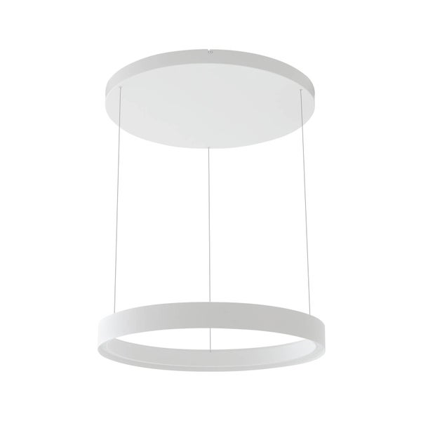 Weiße Pendelleuchte in minimalistischer Ringform mit runder Deckenhalterung.