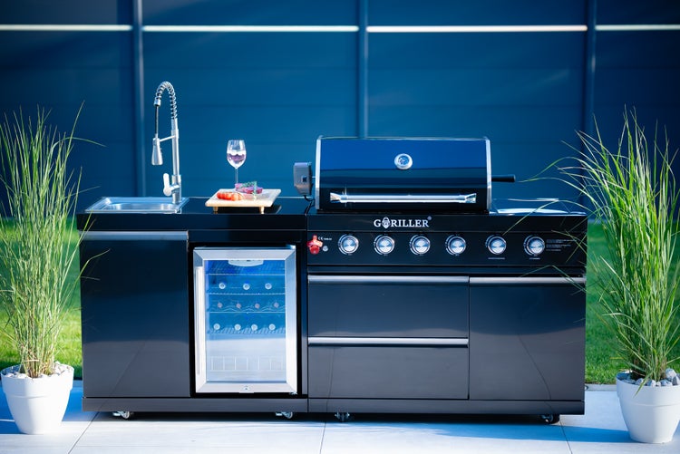 GORILLER® BLACKBACK S6 Outdoor-Küche, Gasgrill mit Kühlschrank-Waschbecken-Kombination, Edelstahl, Schwarz