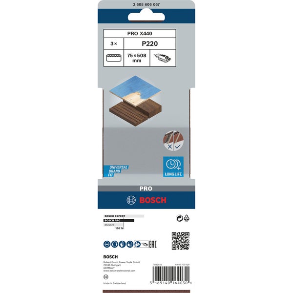 Bosch Pro X440 Schleifband Set, Körnung P220, 75x508 Millimeter, Dreierpack