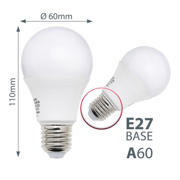 LED Leuchtmittel in Birnenform A60 mit E27 Sockel und Massangaben. Durchmesser 60 Millimeter, Hoehe 110 Millimeter.
