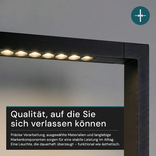 Detailaufnahme einer schwarzen LED-Leuchte mit Hinweistext zur Produktqualität